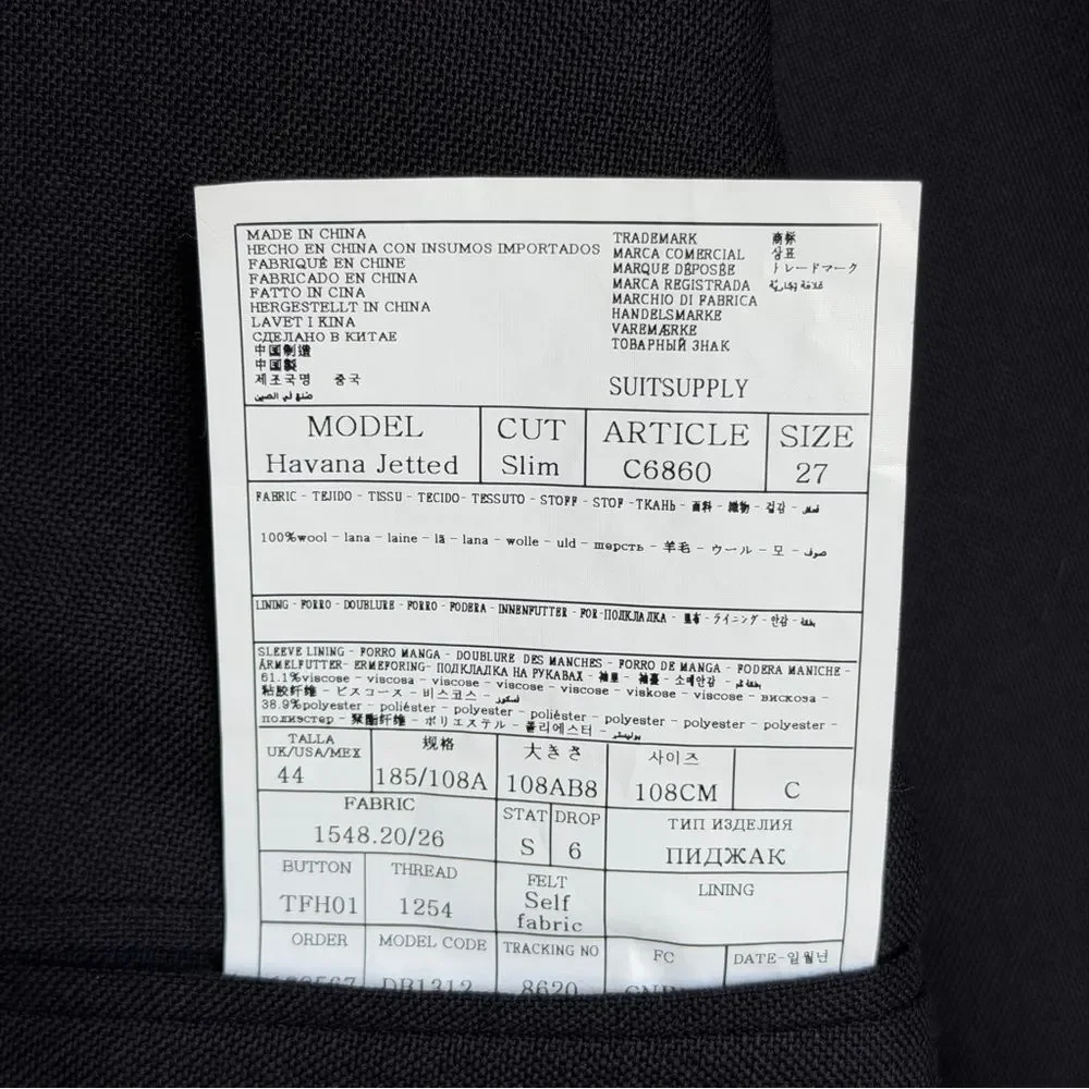 SuitSupply Havana Jetted Unlined Wool 4Ply Blazer 44S Black Rogna Quiet Luxury
